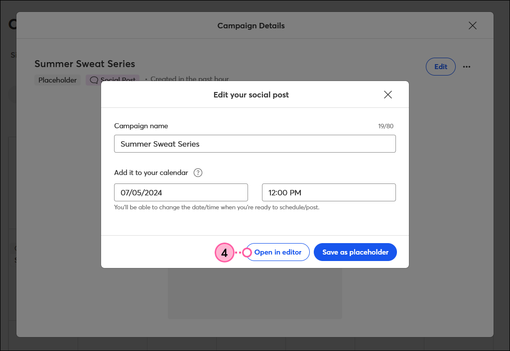 Edit your Social Post overlay with post name, date and time options, and Open in editor button