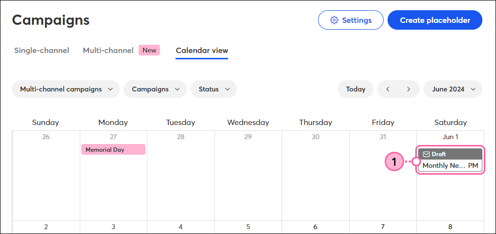 Vista del calendario de la campaña con el borrador del correo electrónico seleccionado