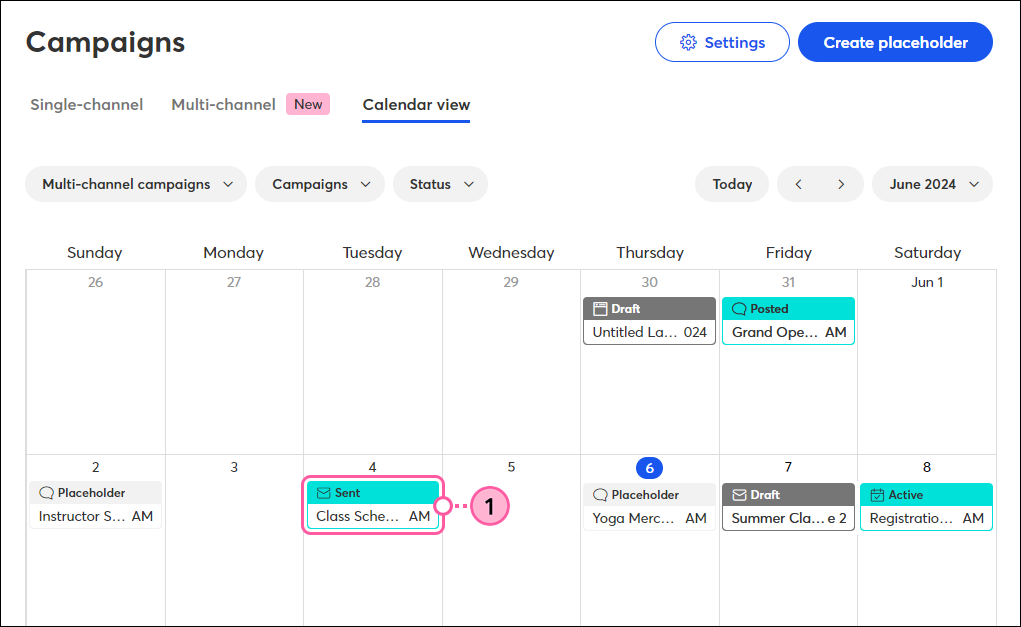 Vista del calendario de la campaña con el correo electrónico enviado seleccionado