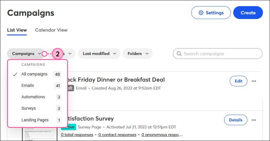 Campaigns page, List View tab, and Campaigns drop-down with Campaign Types