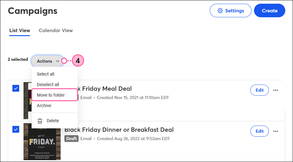 Campaigns tab, campaigns selected, Actions drop-down and Move to Folder option selected