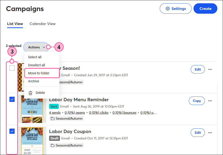 Campaigns tab, campaigns selected, Actions drop-down and Move to Folder option selected