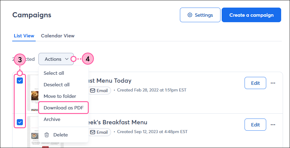Channels dropdown with Email option