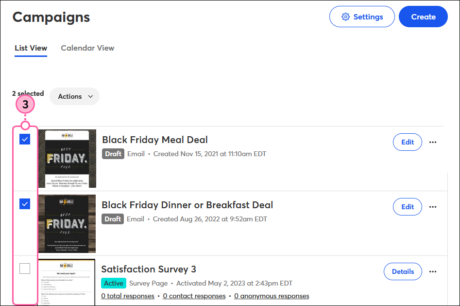 Campaigns tab with campaigns selected