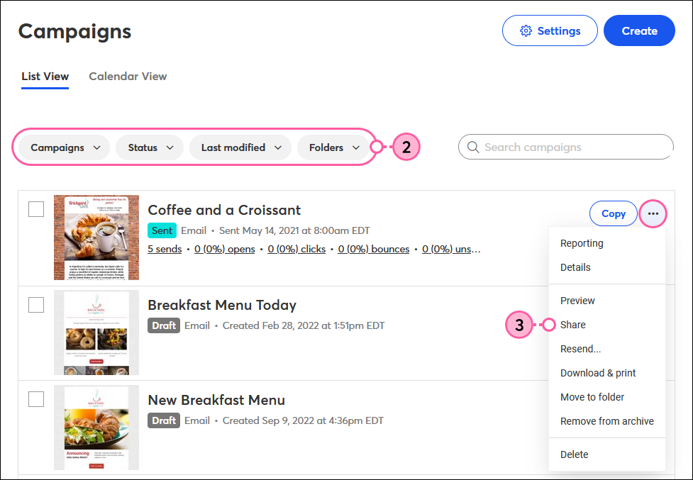 Campaigns page, filters, Sent email, More drop-down with Share option