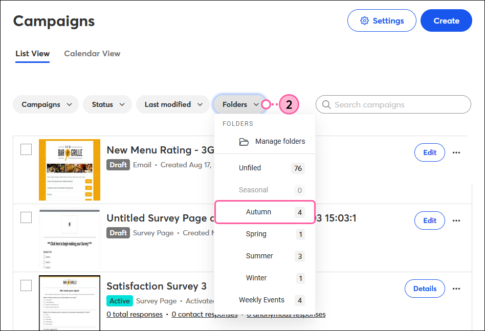 Campaigns tab, Folders drop-down, and folder selected