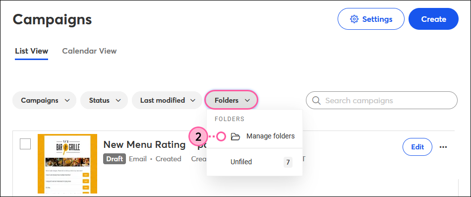 Campaigns page, Folders drop-down, and Manage Folders option selected