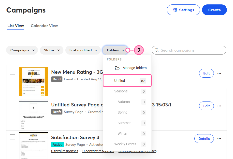 Campaigns tab, Folders drop-down, and Unfiled folder selected