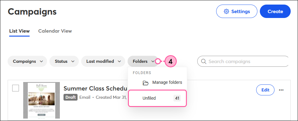 Folders drop-down and Unfiled option
