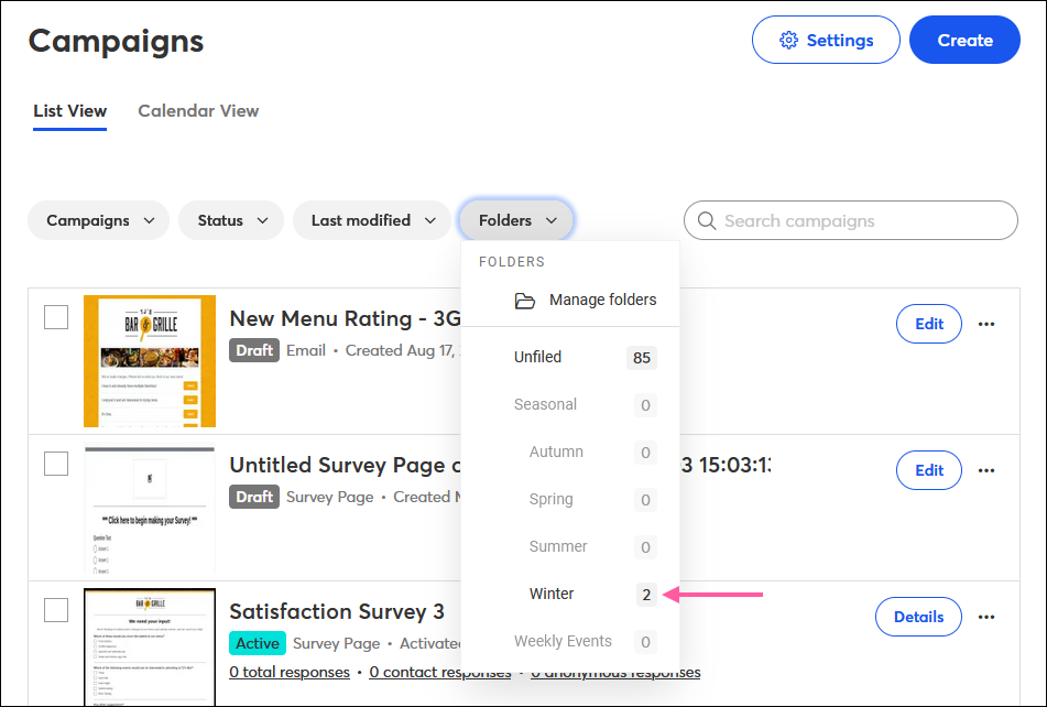 Folders drop-down with Unfiled folder file count reduced and folder count increased