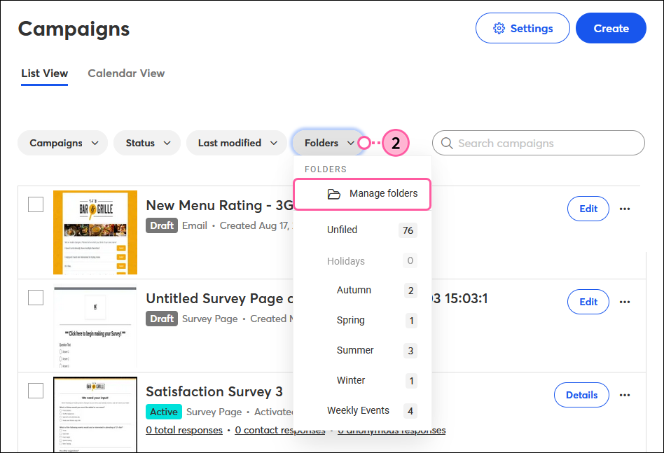 Campaigns tab, Folders drop-down, and Manage Folders option selected