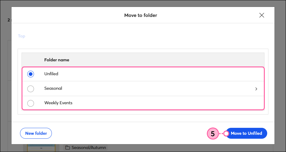 Move to Folder overlay, Unfiled folder selected, and Move to Unfiled button