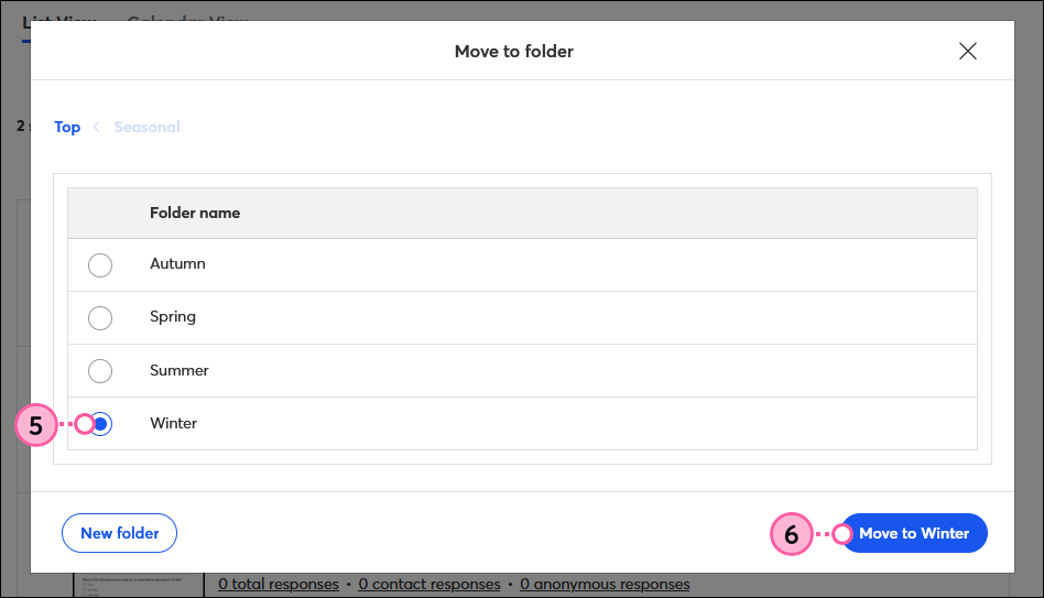 Move to Folder overlay, folder selected, and Move button
