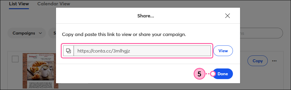 Share overlay with campaign url field and copy icon, and Done button