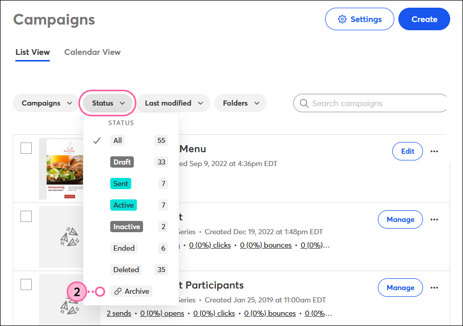 Registerkarte Kampagnen, Dropdown-Menü Status, und Option Archivieren ausgewählt