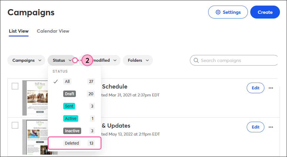 Campaigns page, Status drop-down, and Deleted Option