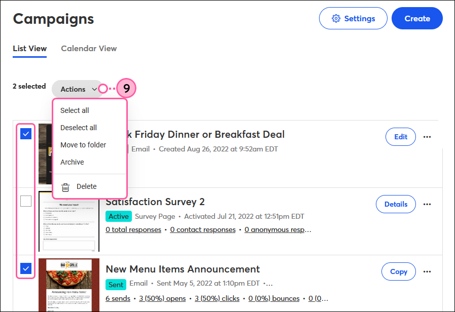 Campaigns tab with campaign checkboxes and Actions drop-down