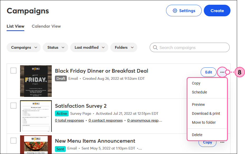 Campaigns tab with More drop-down for Draft Email