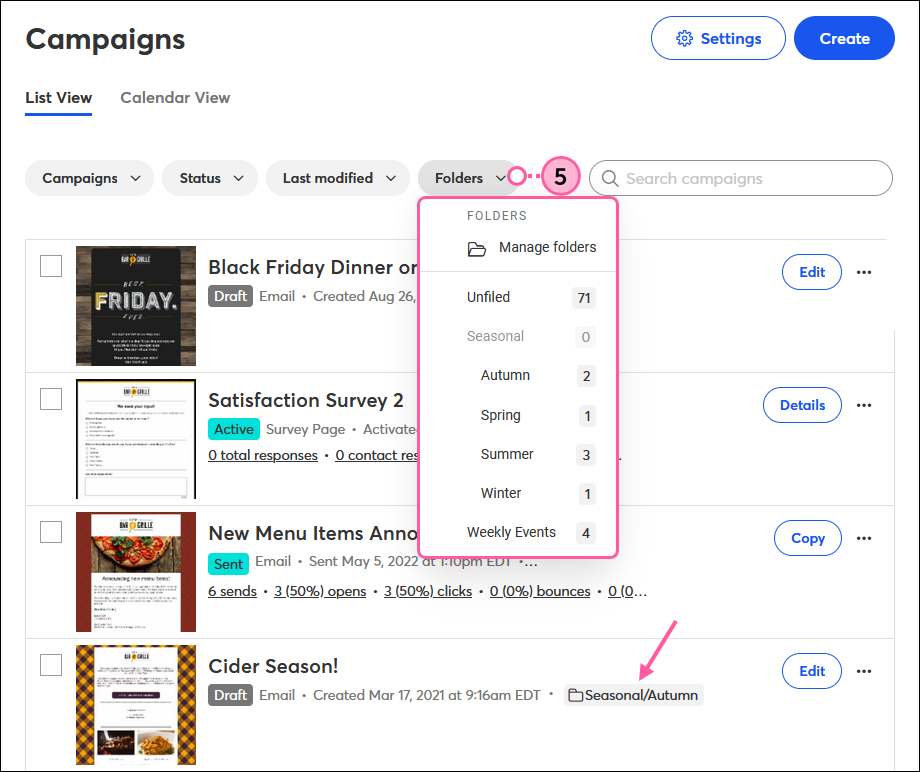 Campaigns tab with Folders drop-down and clickable Folder tag