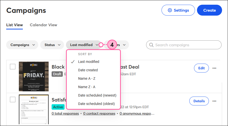 Campaigns tab with Last Modified drop-down