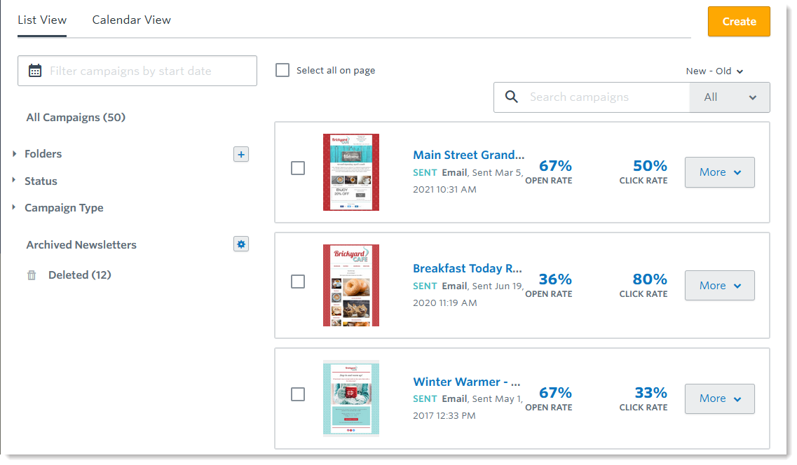 Summary data for email campaigns as seen on the Campaigns tab