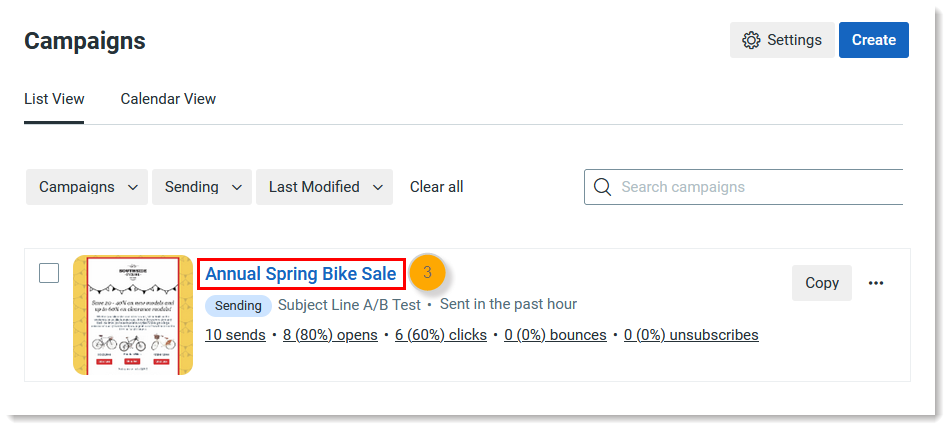 Campaigns tab with Sending Subject Line A/B Test Email name selected