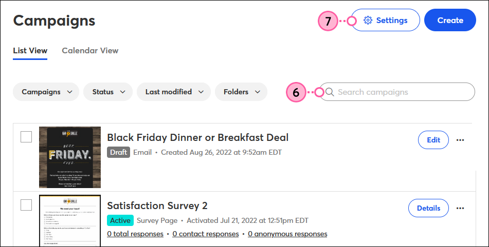 Campaigns tab with Search field and Settings button