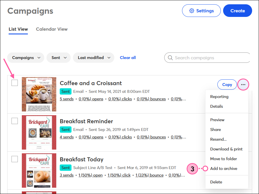 Registerkarte Kampagnen, Dropdown-Menü gesendete E-Mail More (Mehr) und Option Archivieren ausgewählt