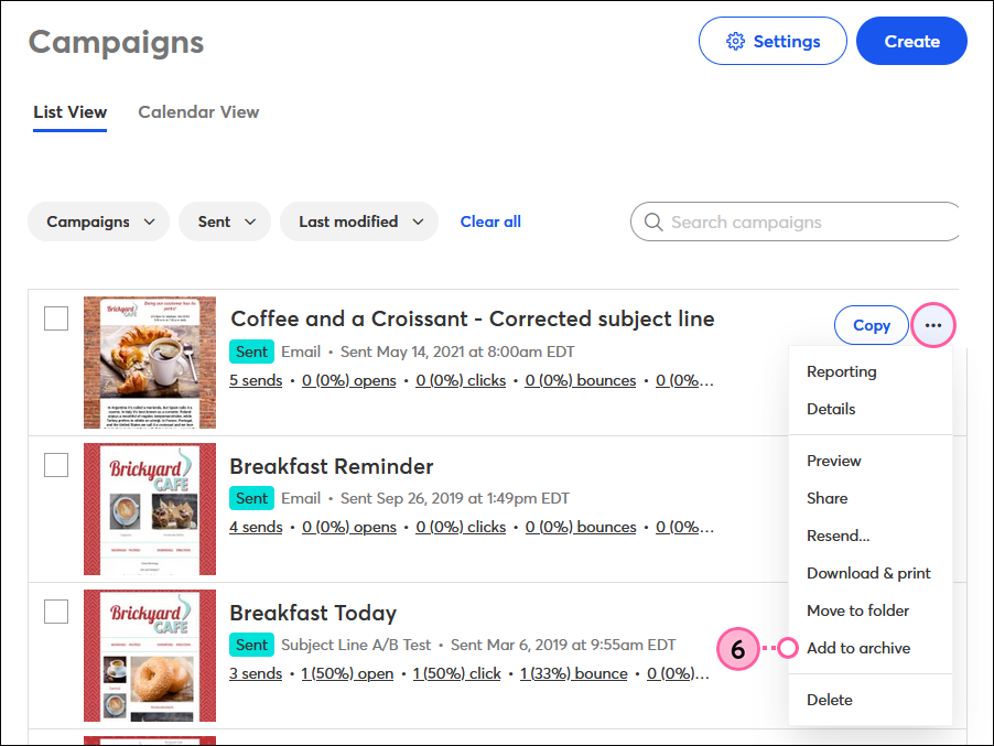Campaigns tab, Sent email More drop-down and Add to Archive option
