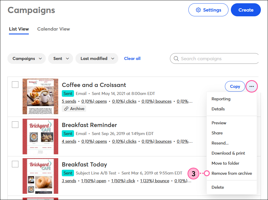 Registerkarte Kampagnen, Dropdown-Menü archivierte E-Mail More (Mehr) und Option Archivieren ausgewählt