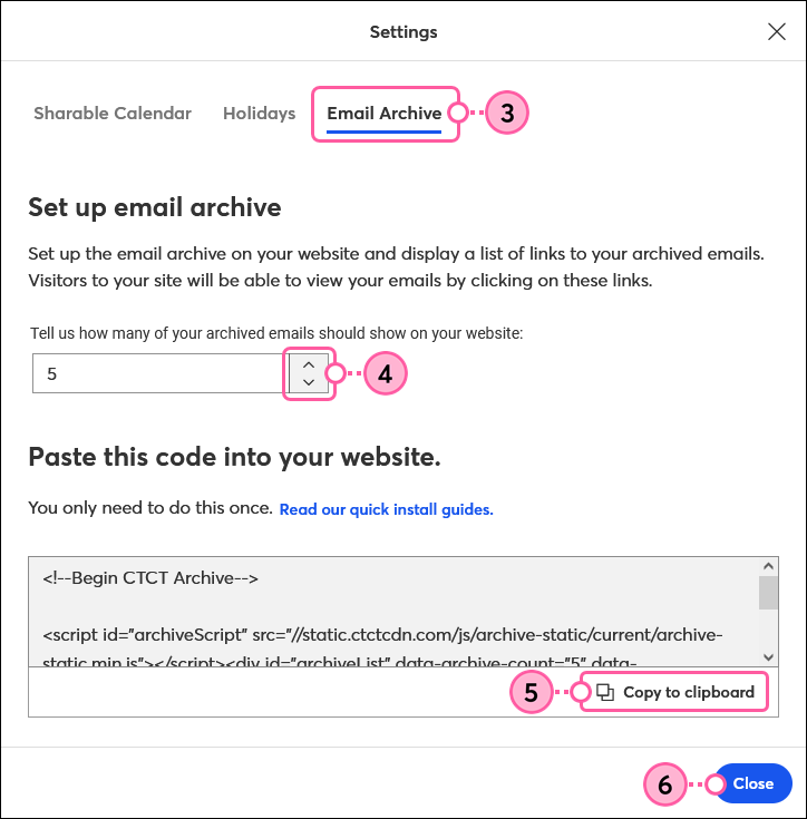 Übersicht Settings (Einstellungen), Registerkarte Email Archive (E-Mail-Archiv), Pfeile nach oben und unten, Link Copy to Clipboard (In die Zwischenablage kopieren) und die Schaltfläche Close (Schließen)