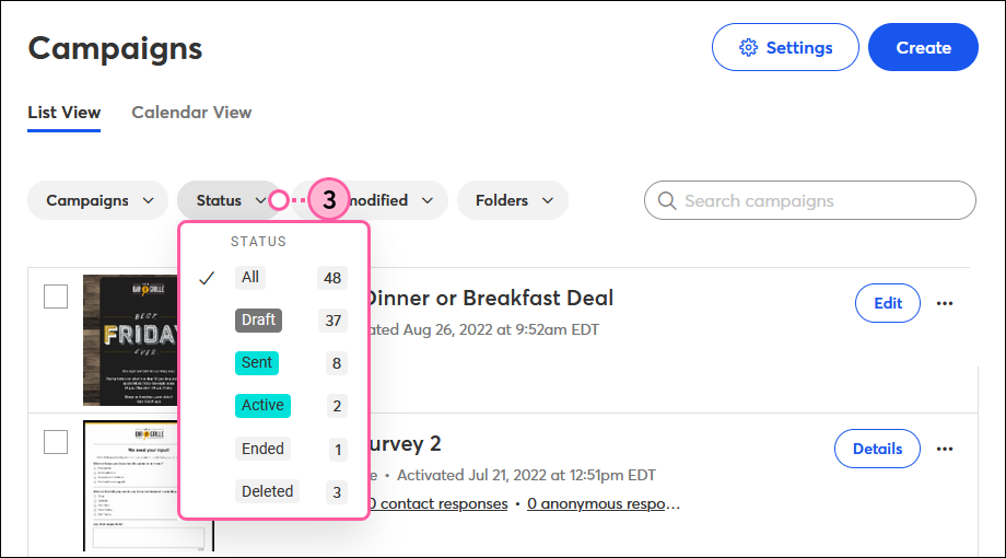 Campaigns tab with Status drop-down