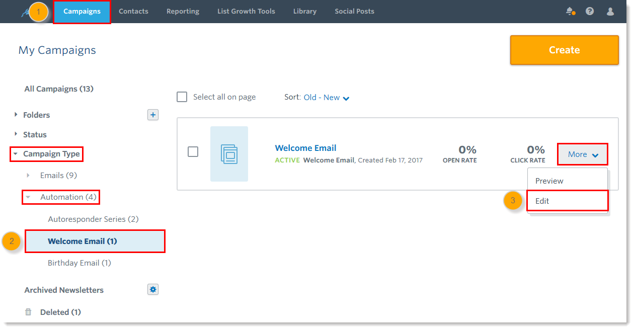 Campaigns Tab, Welcome Email Type, More Drop-down Menu, and Edit Option