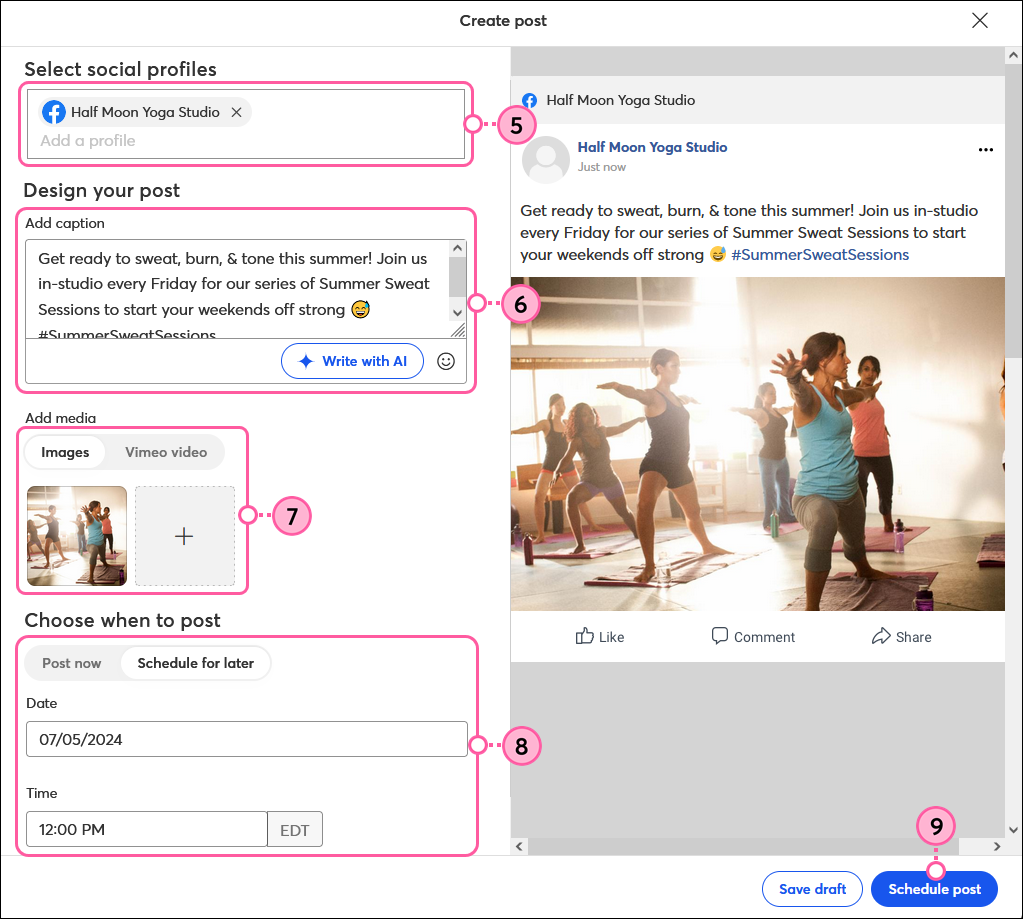 Create a Post overlay, Select social profiles option, post content field and URL shortener, Add images button, Schedule for later date and time options, and Schedule Post button