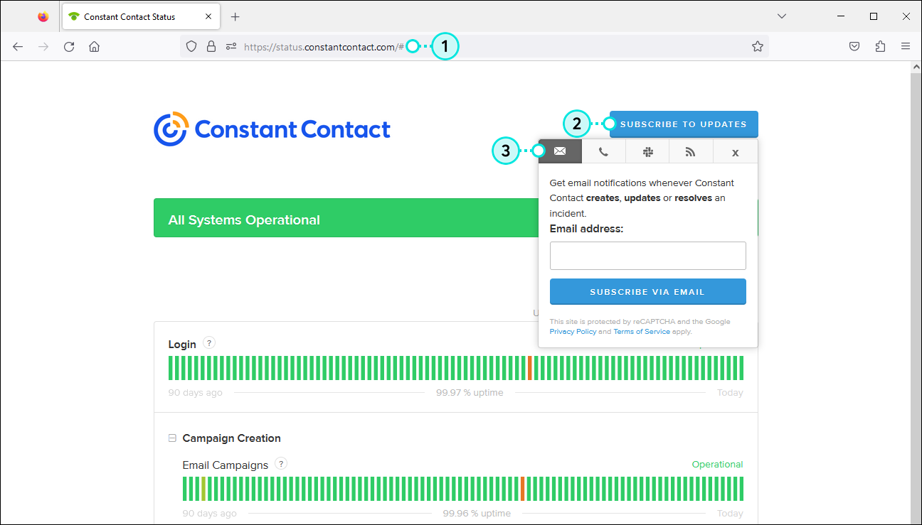 Constant Contact Status page with SUBSCRIBE TO UPDATES drop-down menu expanded, and email option selected with Email address field and SUBSCRIBE VIA EMAIL button