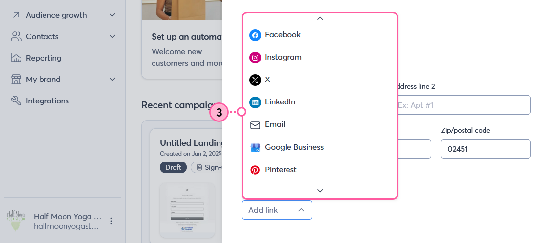 Profile flyout with Social links drop-down
