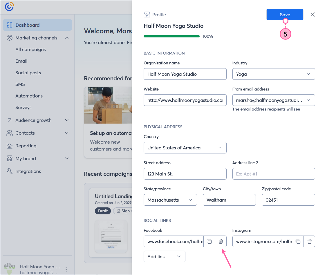 Profile flyout, Facebook and Instagram social links added, and Save button