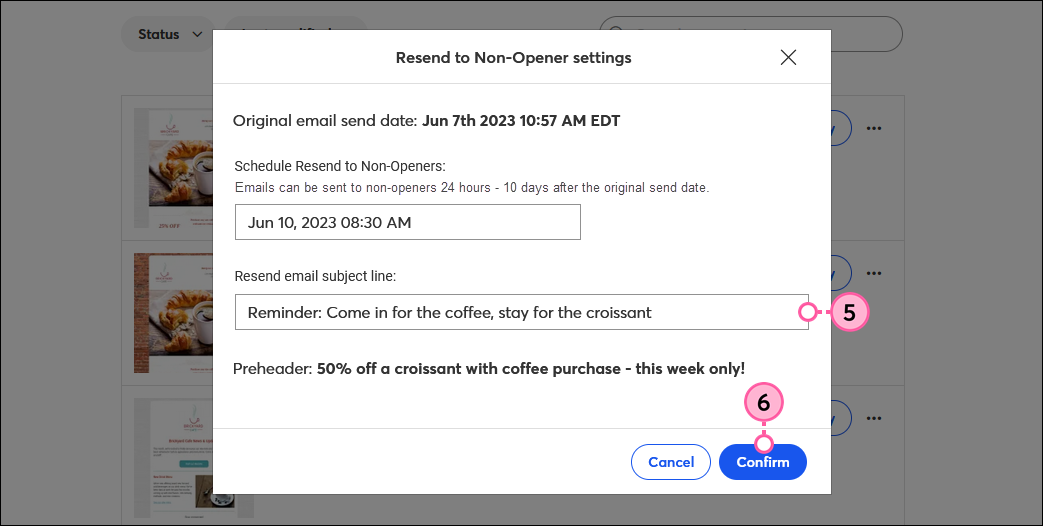 Resend to Non-Openers Settings with updated subject line and Confirm button