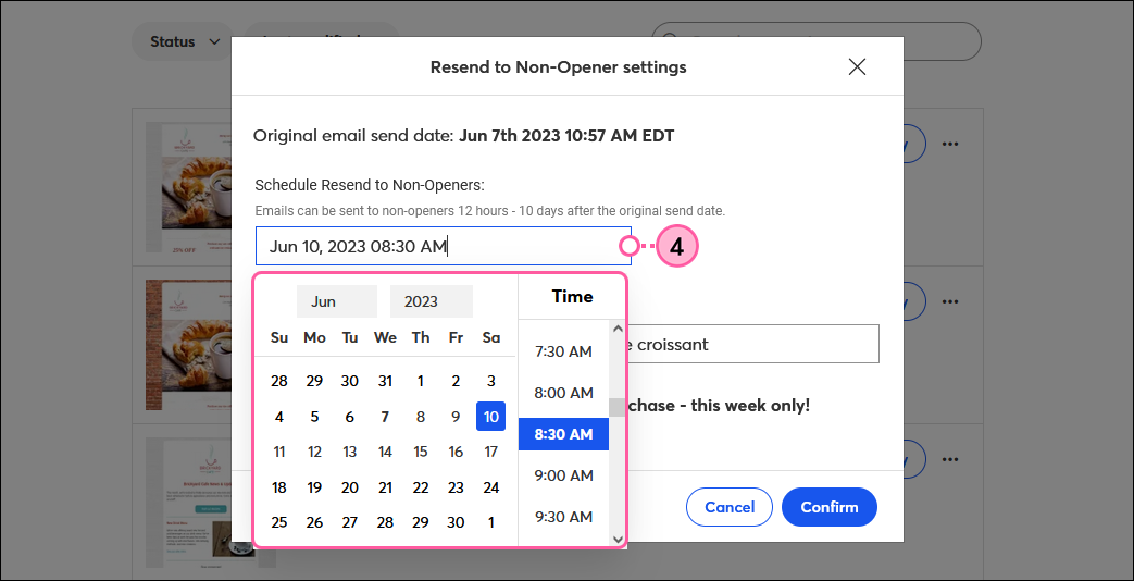 Resend to Non-Openers Settings with date and time calendar picker