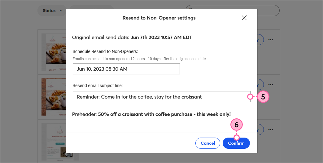 Resend to Non-Openers Settings with updated subject line and Confirm button