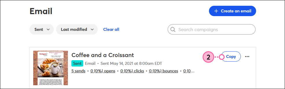 Email page, Sent email and Copy button