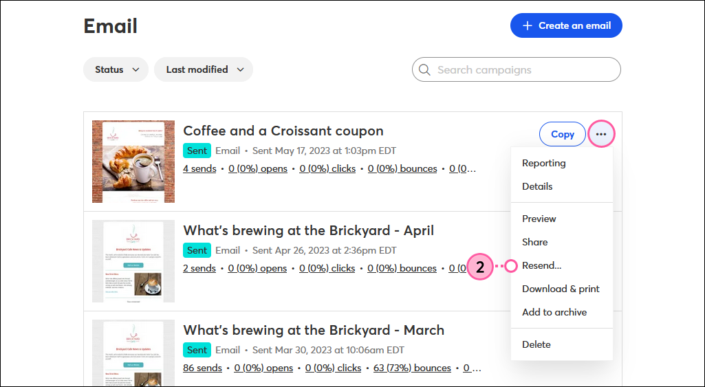 Email page, Sent Email, More Drop-Down, and Resend option