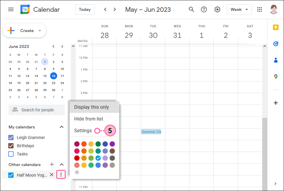 Google calendar with Other calendars section, calendar options menu expanded and Settings option
