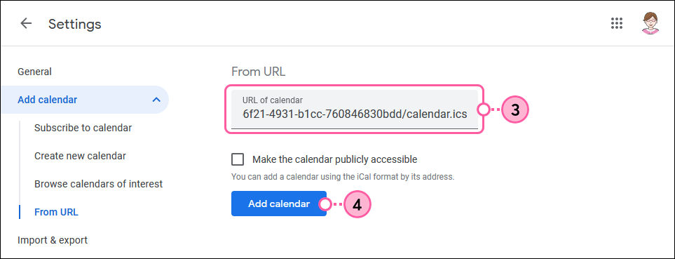 Google Calendar Settings, Add calendar section, From URL section and URL of calendar field, and Add calendar button