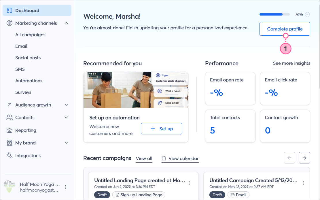 Constant Contact dashboard with Complete Profile button