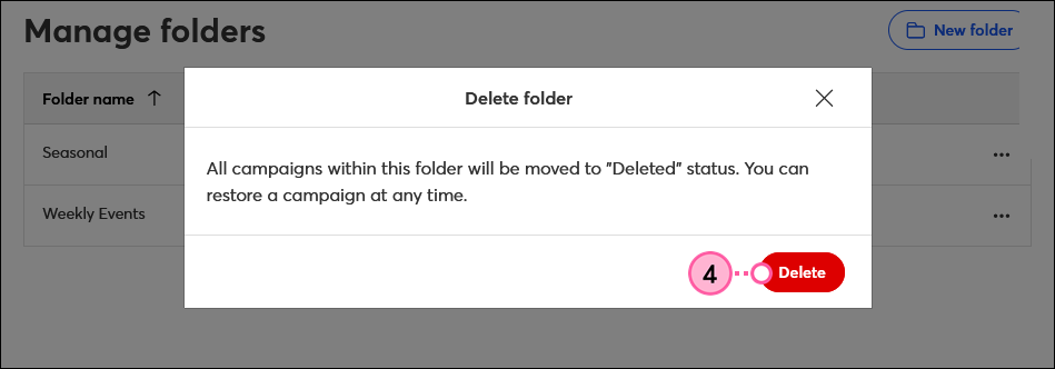 Delete Folder confirmation message and Delete button
