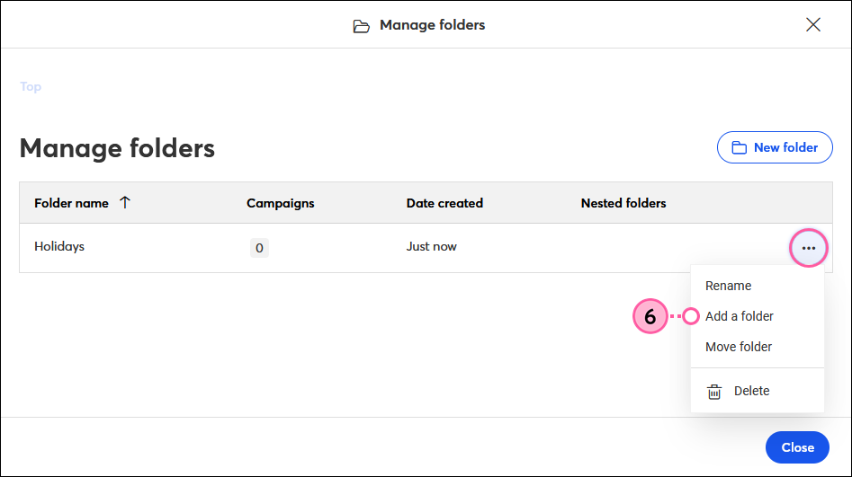 Manage Folders overlay, Folder More drop-down, and Add a Folder option selected