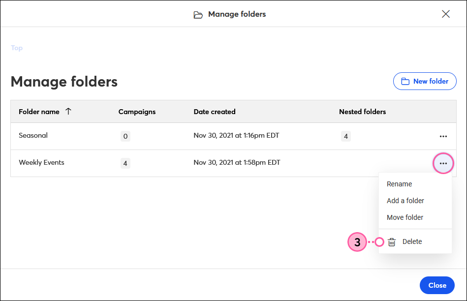 Manage Folders overlay, folder More drop-down, and Delete option selected