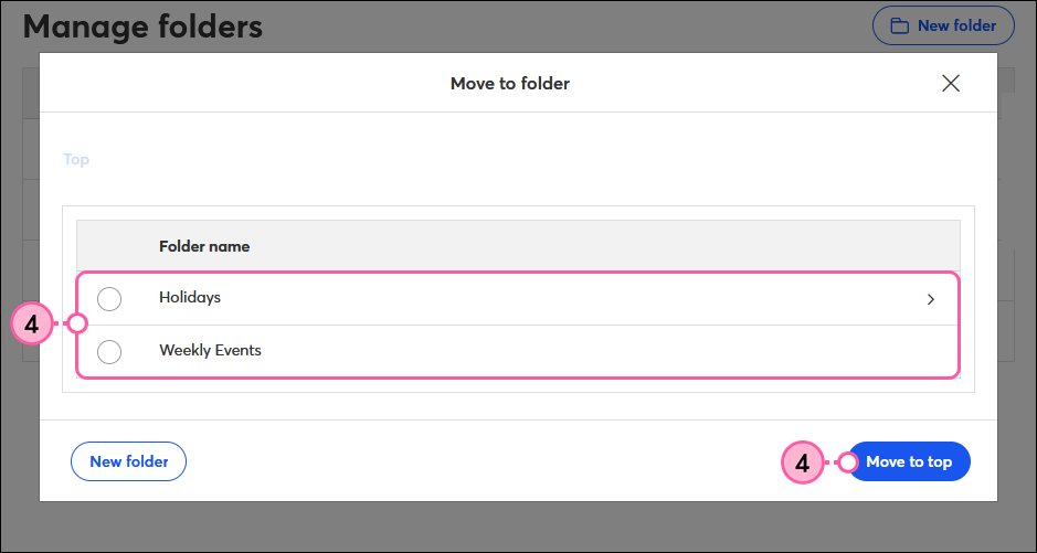 Move to Folder overlay, folders to select, and Move to Top button