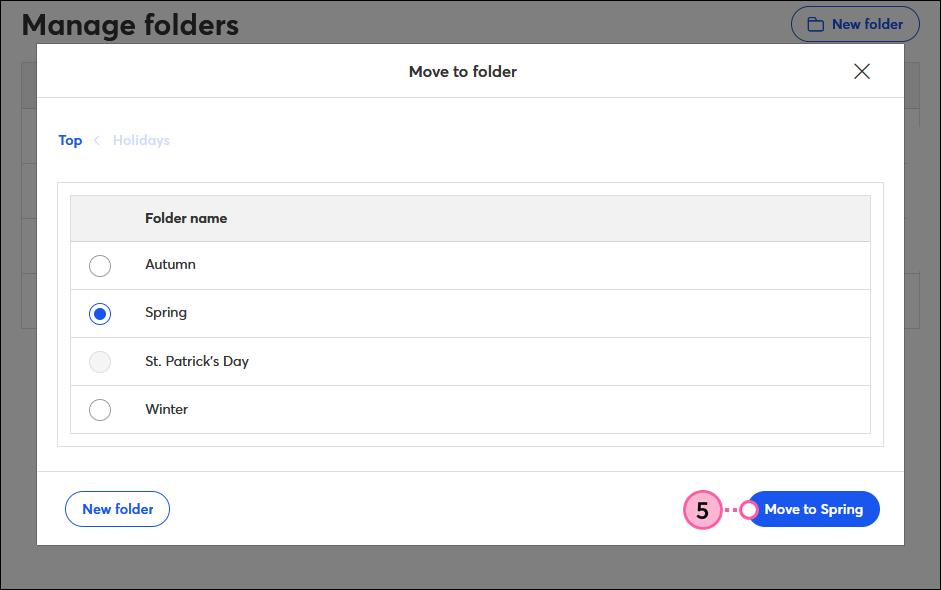 Move to Folder overlay, folder selected, and Move button